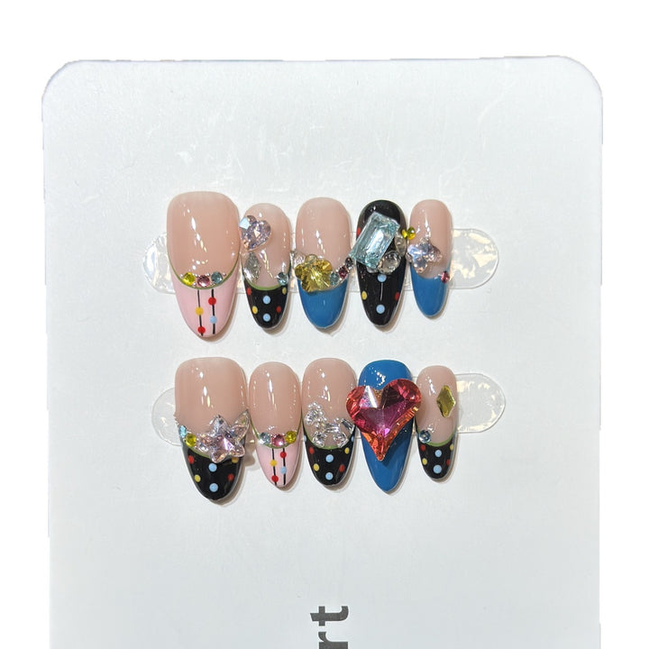 Artistic Press-On Nail Set with Colorful Jewel Accents Stornfield