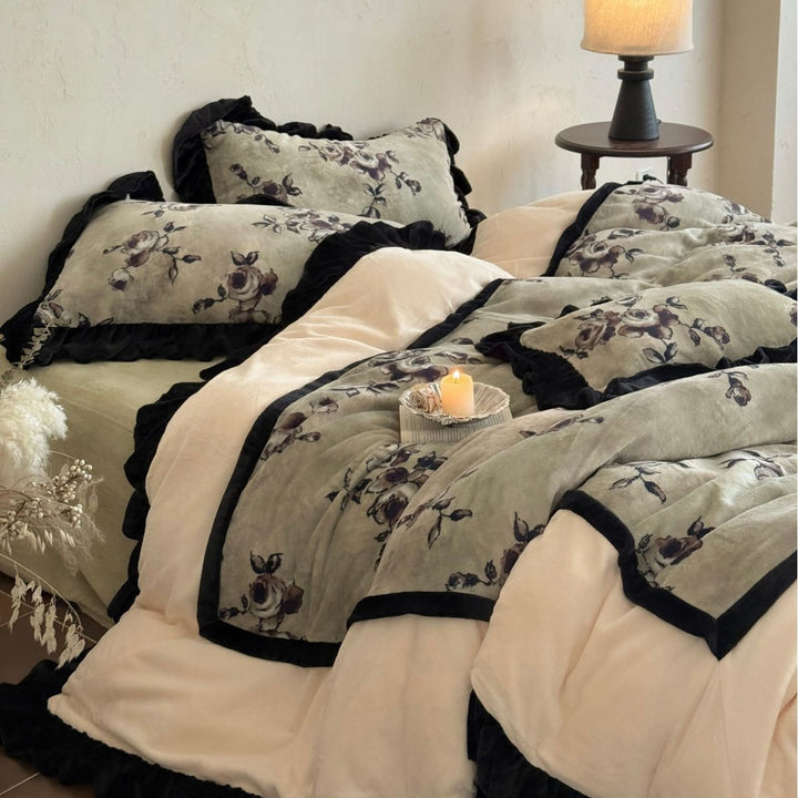 Floral Velvet-Texture Ruffled Duvet Cover Set with Decorative Pillow Shams