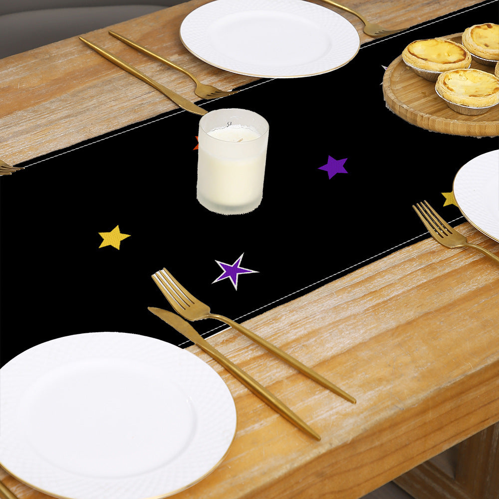 Halloween Cotton-Linen Table Runner with Sitting Cat and Pumpkin Illustration Decorative Border