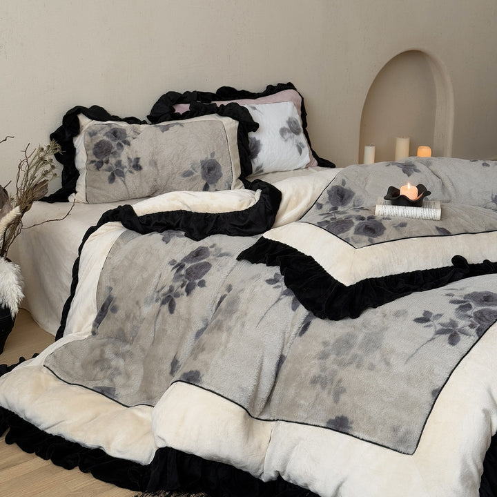 Plush Rose-Print Faux-Fur Quilted Duvet Cover & Ruffled Sham Set