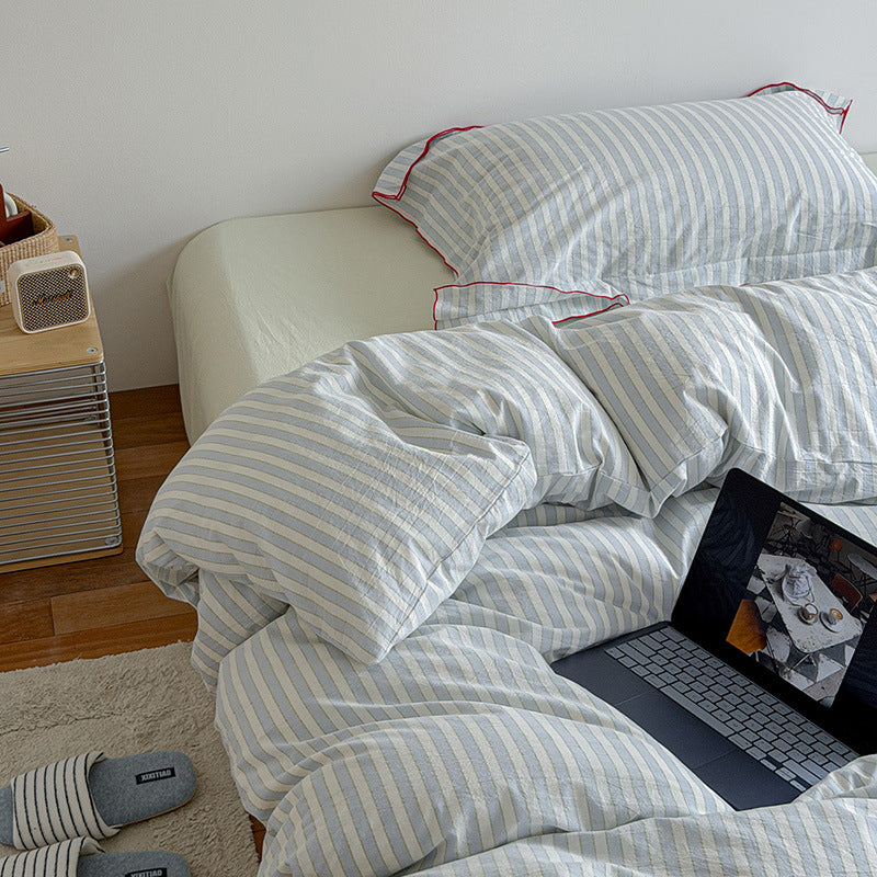 Striped Cotton-Linen Duvet Cover and Pillowcase Set with Brushed Soft Breathable Weave