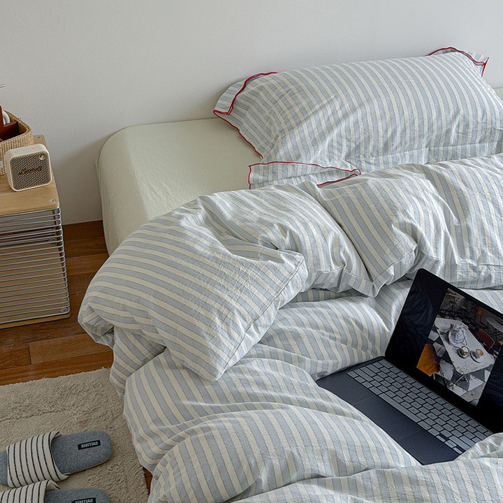 Striped Cotton-Linen Duvet Cover and Pillowcase Set with Brushed Soft Breathable Weave