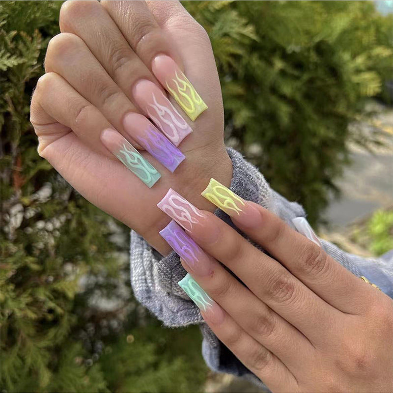 Artistic Long Acrylic Nail Extensions with Flame Design Stornfield
