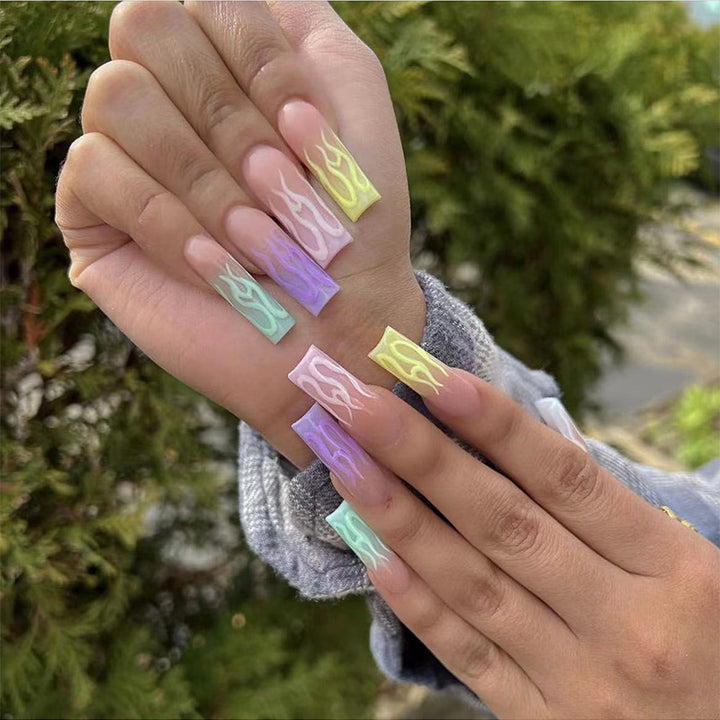 Artistic Long Acrylic Nail Extensions with Flame Design Stornfield