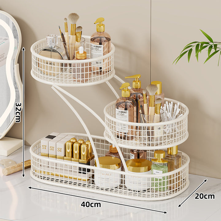 Three-Tier Wire Mesh Vanity and Bathroom Countertop Organizer with Built-In Tissue Dispenser
