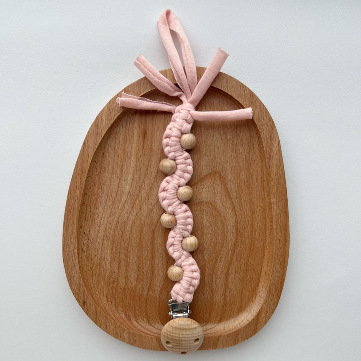 Macrame Boho Wooden-Bead Pacifier Holder Clip with Metal Safety Clamp