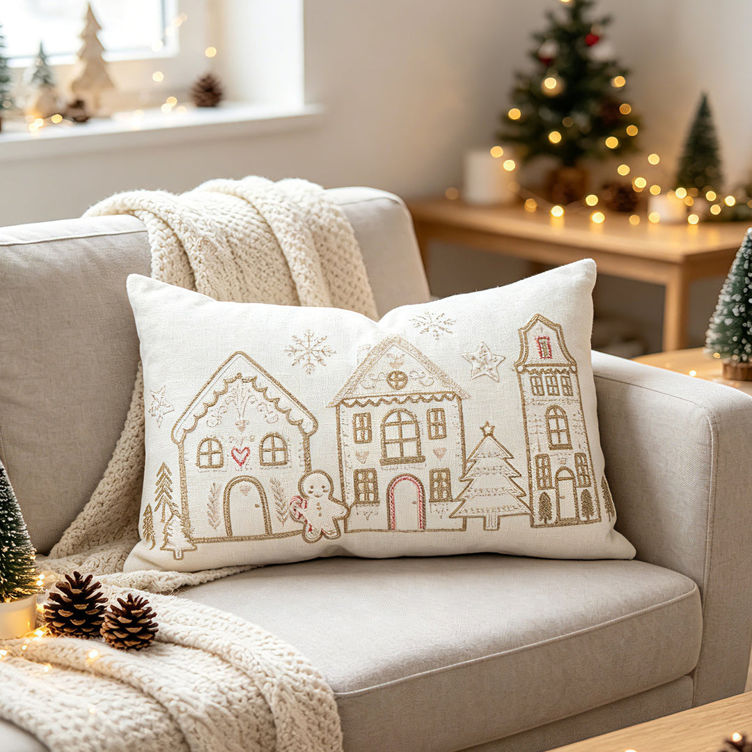 Christmas Gingerbread House Embroidered Velvet Lumbar Pillow Cover