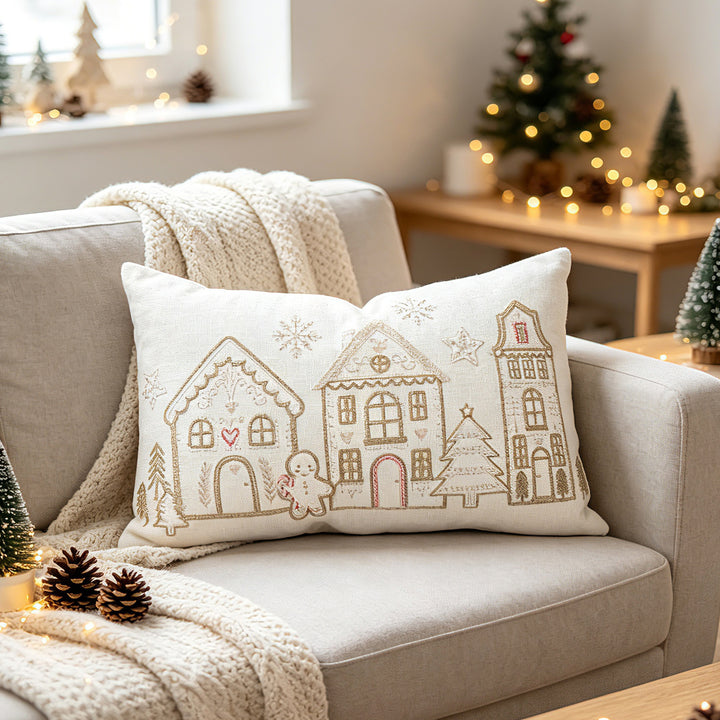 Christmas Gingerbread House Embroidered Velvet Lumbar Pillow Cover