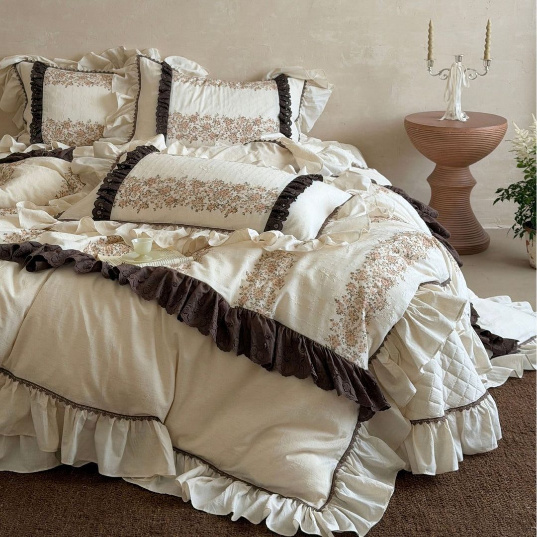 Floral Ruffled Cotton Linen Quilted Duvet Cover Set