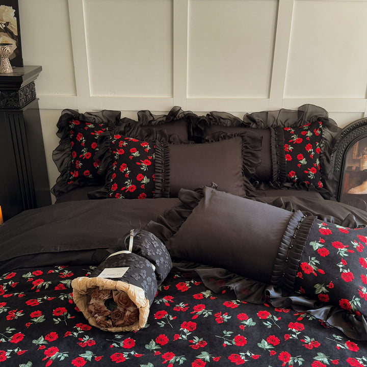 Luxury Romantic Ruffled Floral Satin Duvet Cover Bedding Set