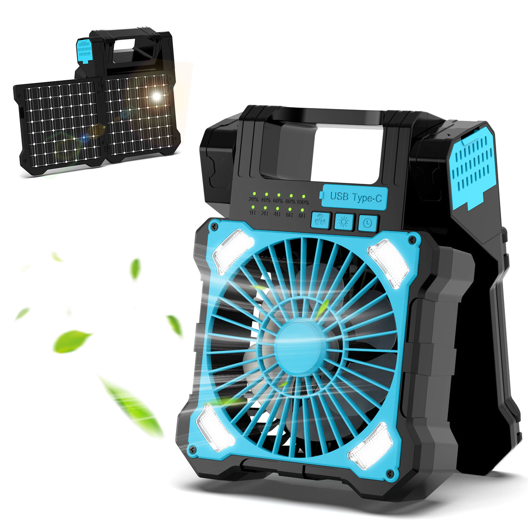 Cooling portable solar camping fan with USB-C power bank and integrated LED work light Stornfield