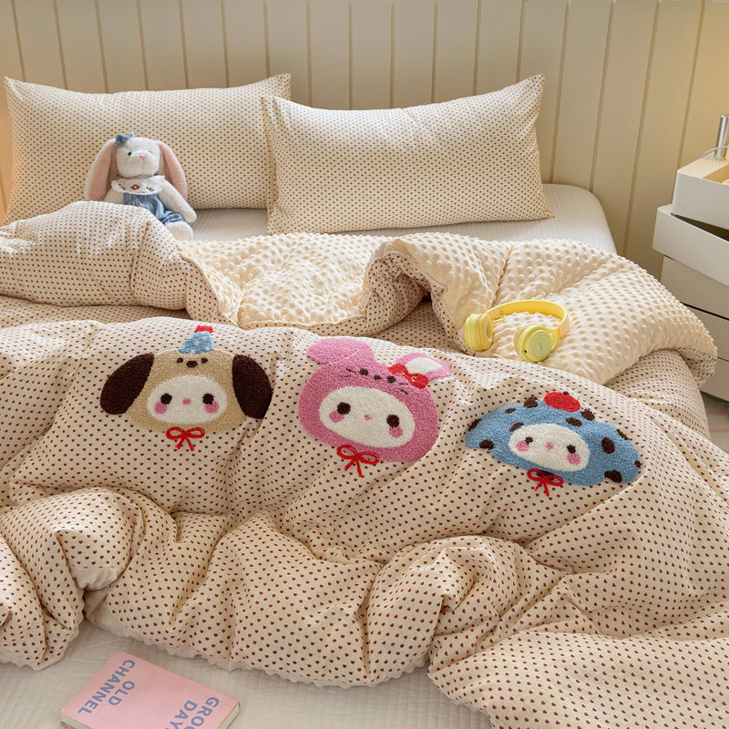 Plush Reversible Duvet Cover Set with Embroidered Rabbit Applique