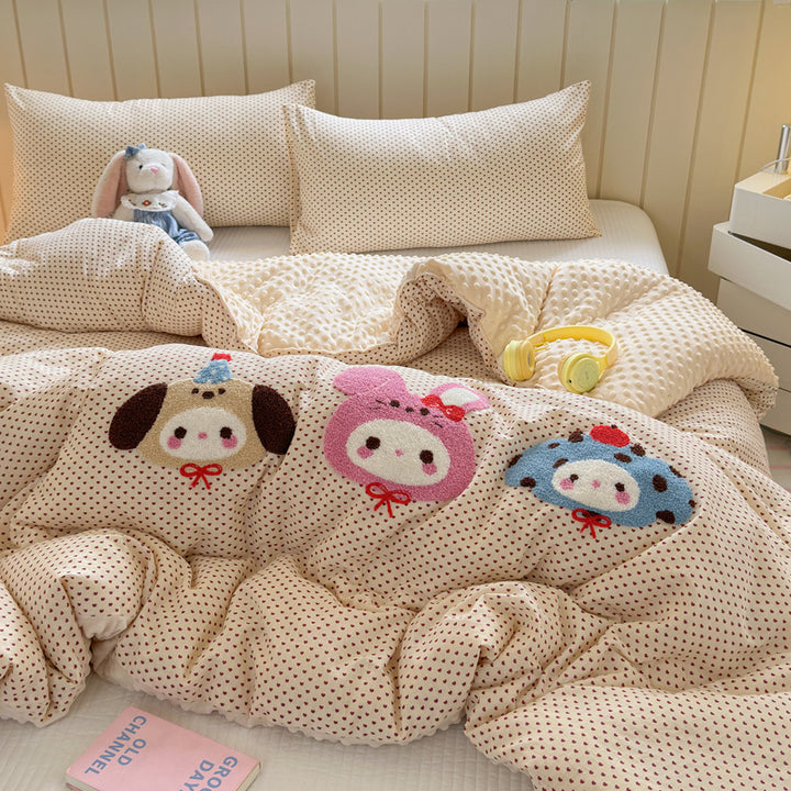 Plush Reversible Duvet Cover Set with Embroidered Rabbit Applique