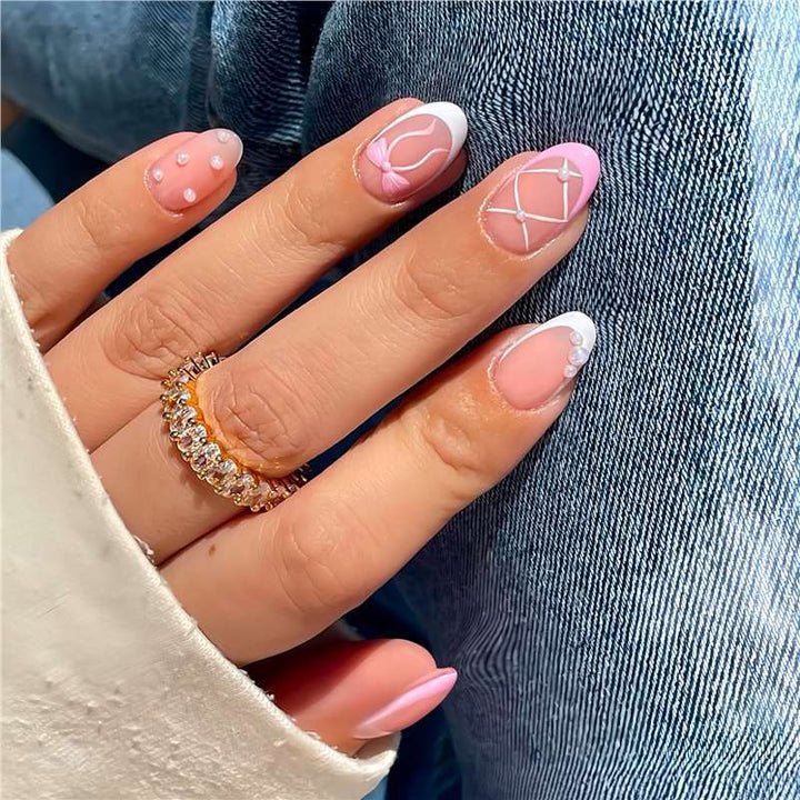 Elegant Decorative Press-On Nail Set with Bow and Pearl Accents Stornfield