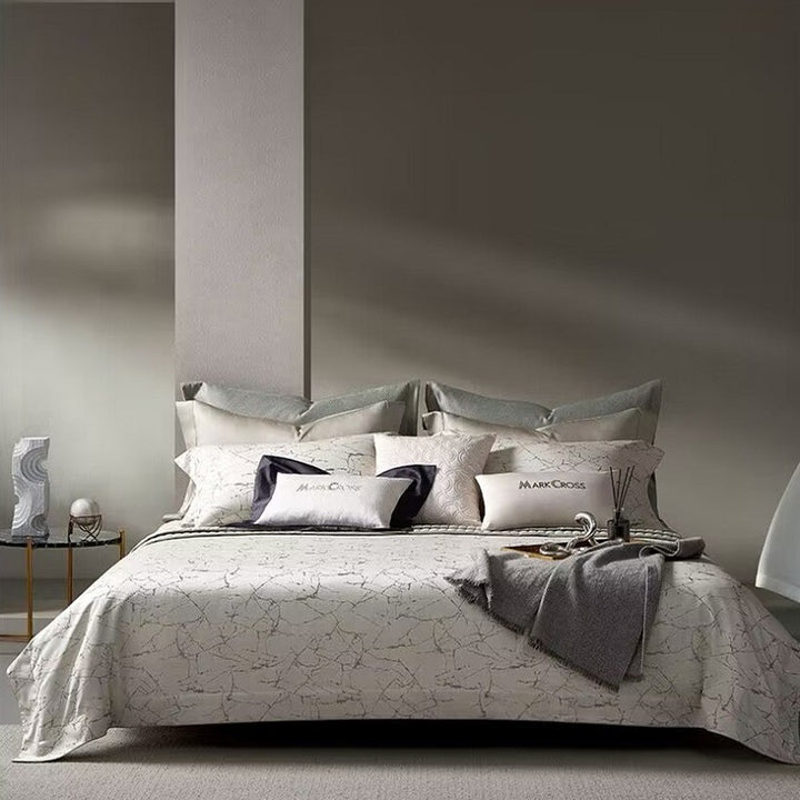 Marble-Effect Luxury Cotton-Sateen Duvet Cover Ensemble with Hidden Closure & Euro Shams