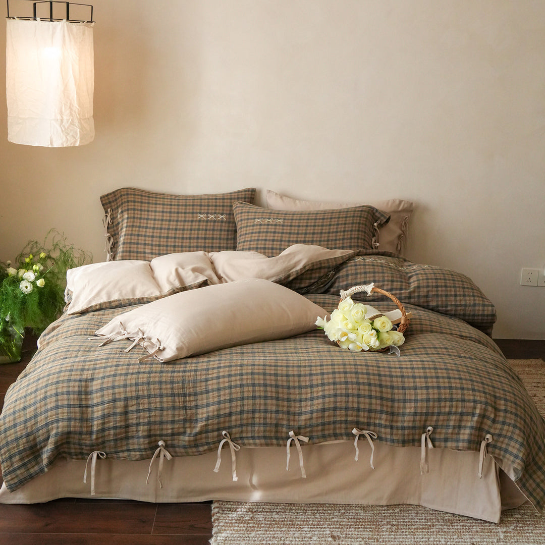 Luxury Plaid Cotton Duvet Cover Set with Corner Ties