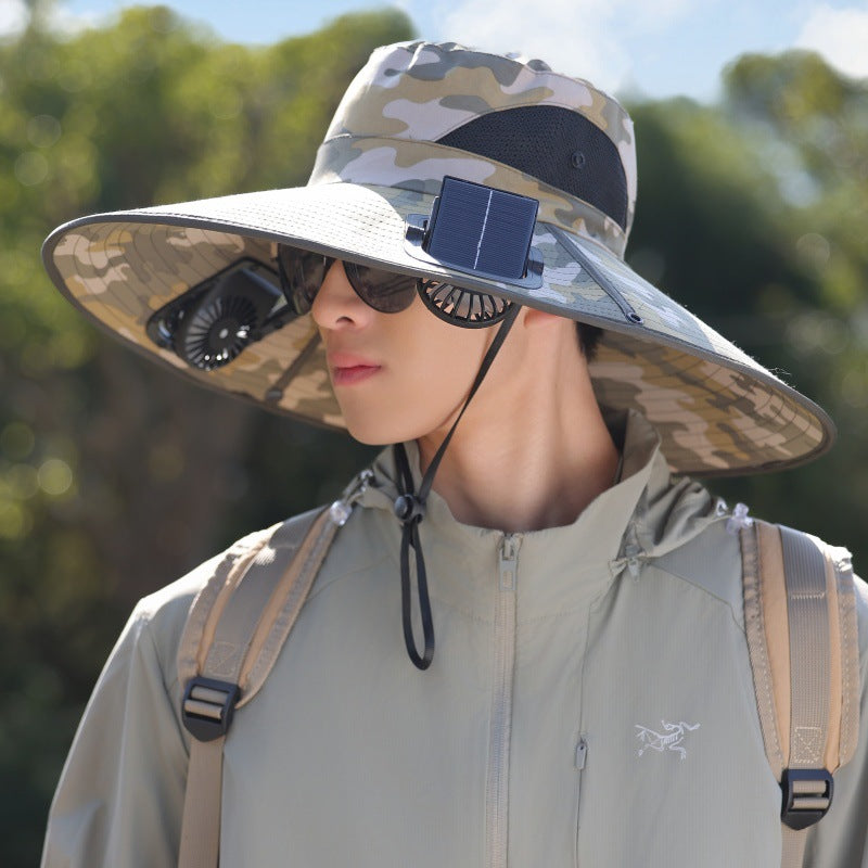 Wide-brimmed outdoor sun hat with solar-powered micro fan, breathable mesh and adjustable chin strap Stornfield