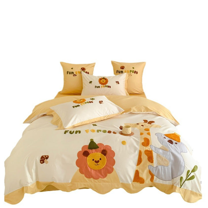 Children's Embroidered Cotton Duvet Cover Set with Animal Appliqué Pillowcases