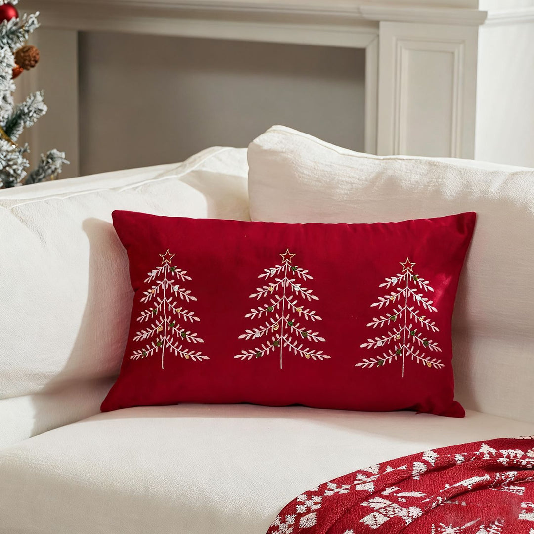 Embroidered Festive Lumbar Throw Pillow Cover with Trio Christmas Tree Motif