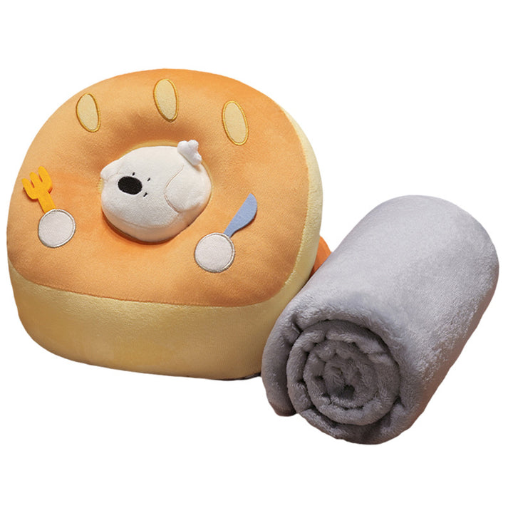 Travel pillow set with ergonomic neck support pillow and integrated microfiber blanket in plush dog design