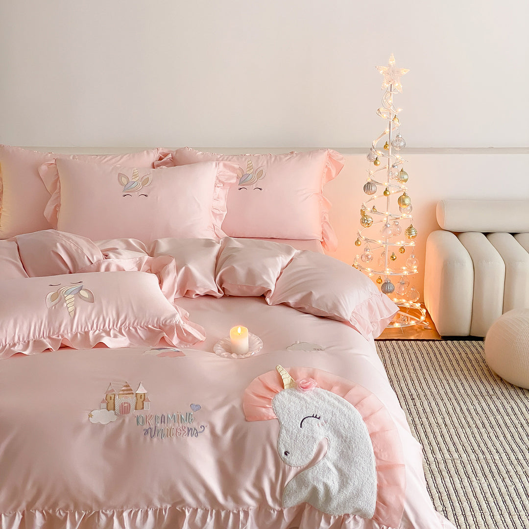 Unicorn Embroidered Ruffle Satin Duvet Cover Set