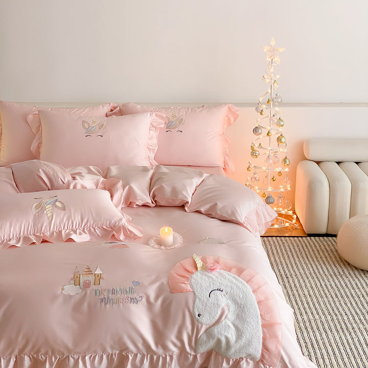 Unicorn Embroidered Ruffle Satin Duvet Cover Set