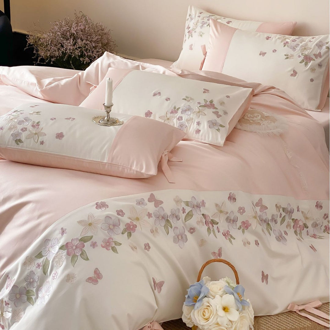 Floral Embroidered Cotton Sateen Duvet Cover Set with Ribbon-Tie Shams
