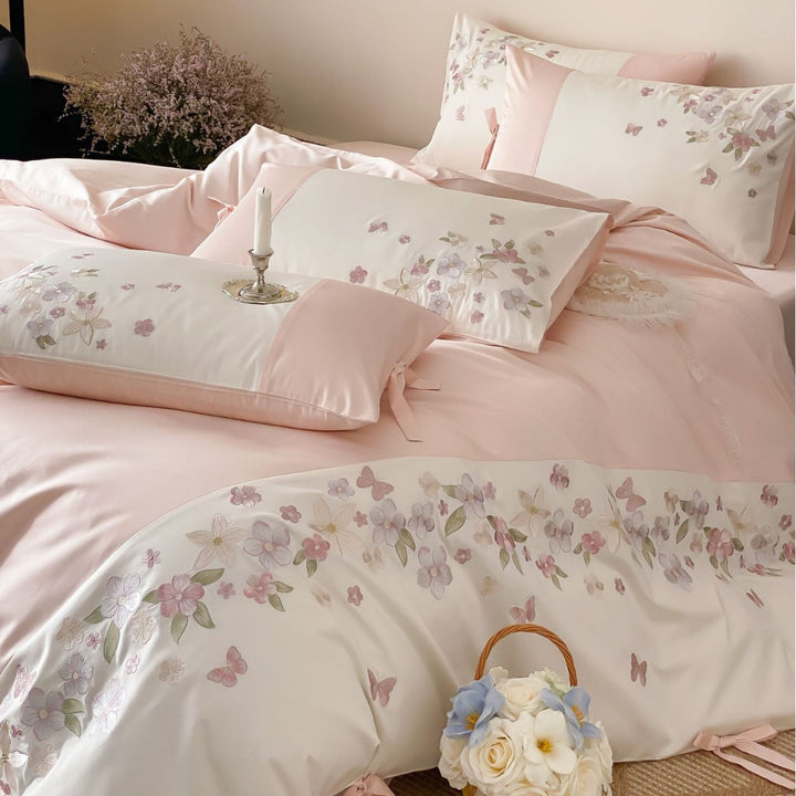 Floral Embroidered Cotton Sateen Duvet Cover Set with Ribbon-Tie Shams