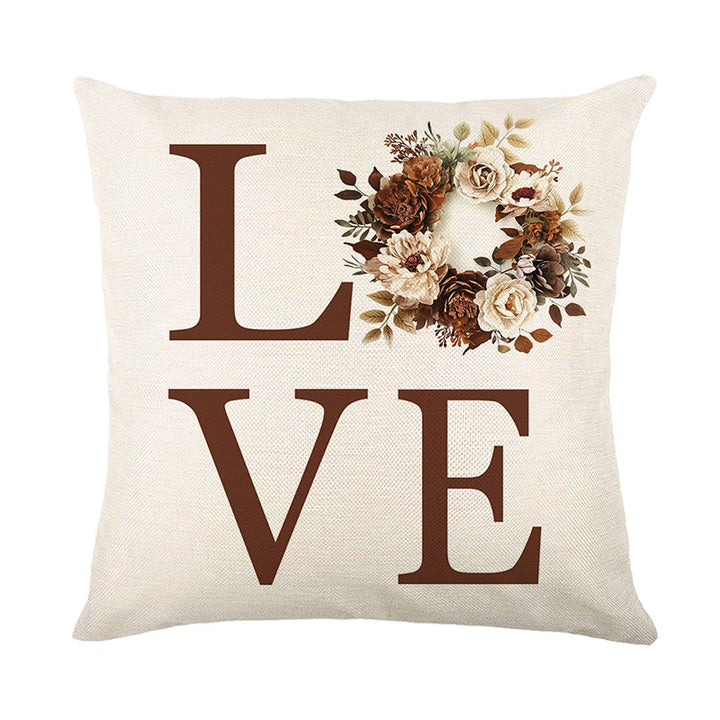 Square Cotton-Linen Throw Pillow Cover with Oversized LOVE Typography & Floral Wreath Print