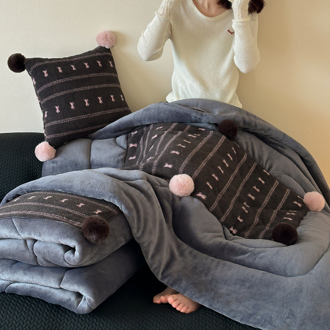 Plush Striped Faux-Fur Throw Blanket with Pom-Pom Trim and Matching Decorative Cushion Set