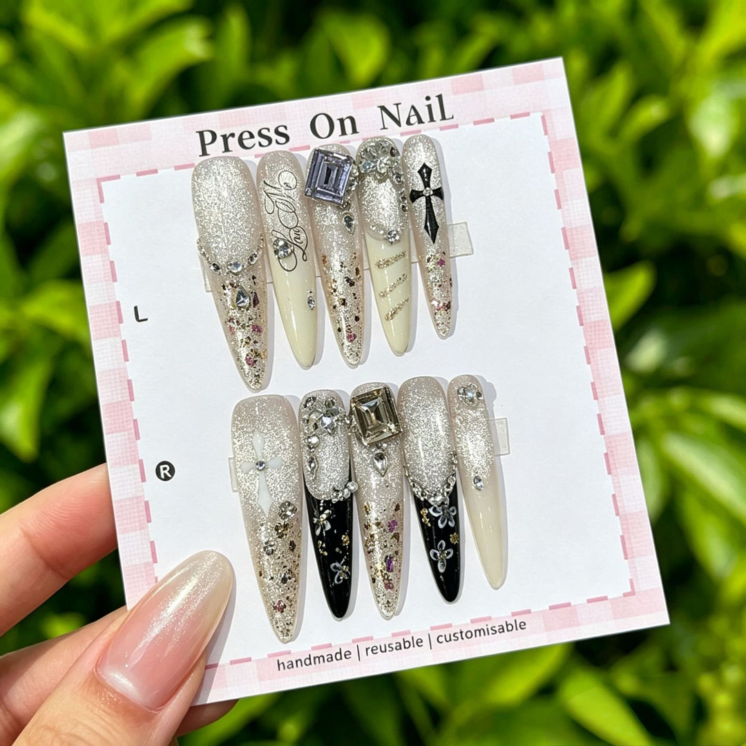 Decorative Press-On Nail Set with Gem Accents  1791774365