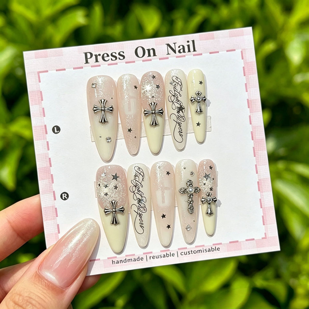 Customizable Press-On Nail Set with Artistic Cross Accents