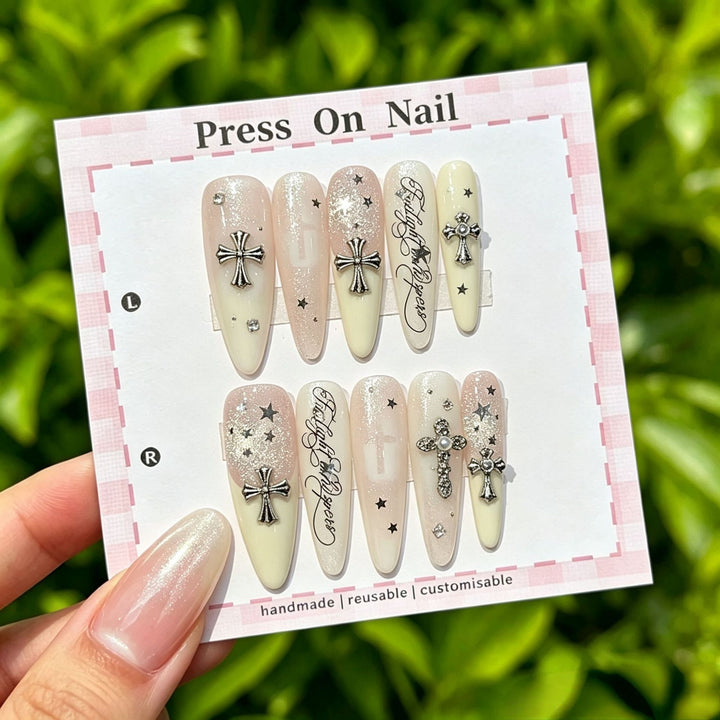 Customizable Press-On Nail Set with Artistic Cross Accents