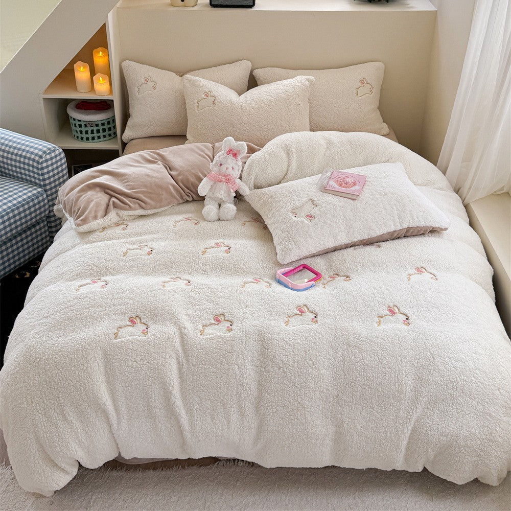 Plush quilt set with rabbit embroidery and Sherpa surface