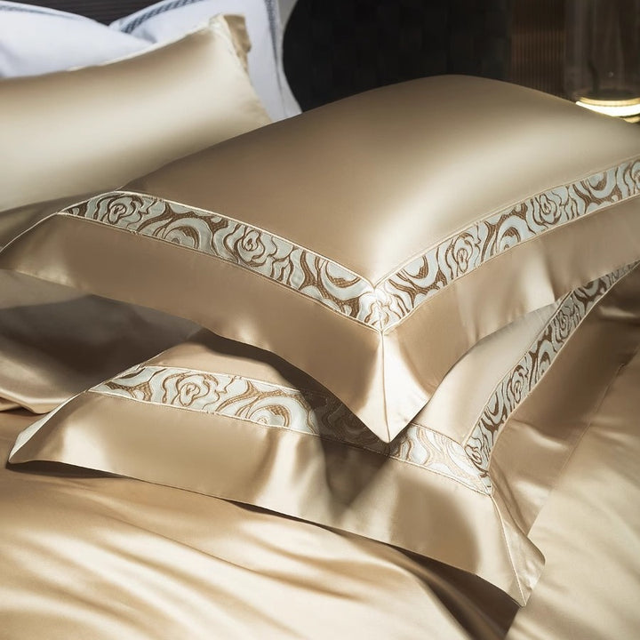 Luxury Satin Duvet Cover Set with Floral Jacquard Border