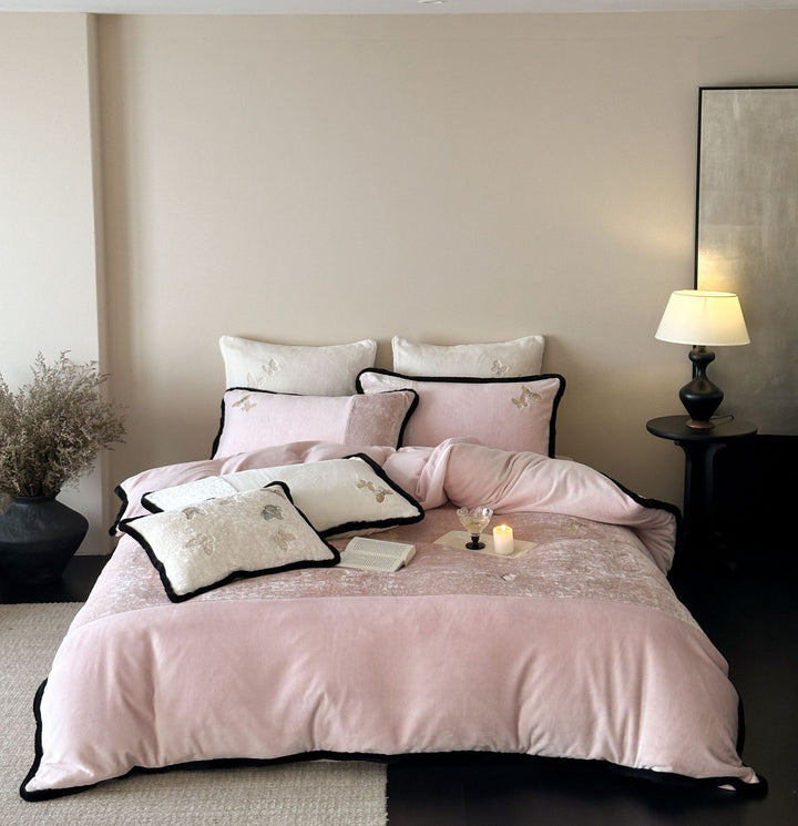 Luxurious velvet duvet cover set with embroidered pillows and contrast piping Stornfield