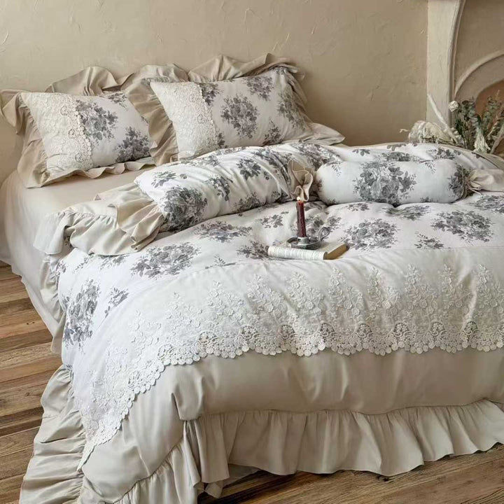 Ruffled Lace-Trim Cotton Sateen Duvet Cover Set with Floral Jacquard Shams & Decorative Bolster