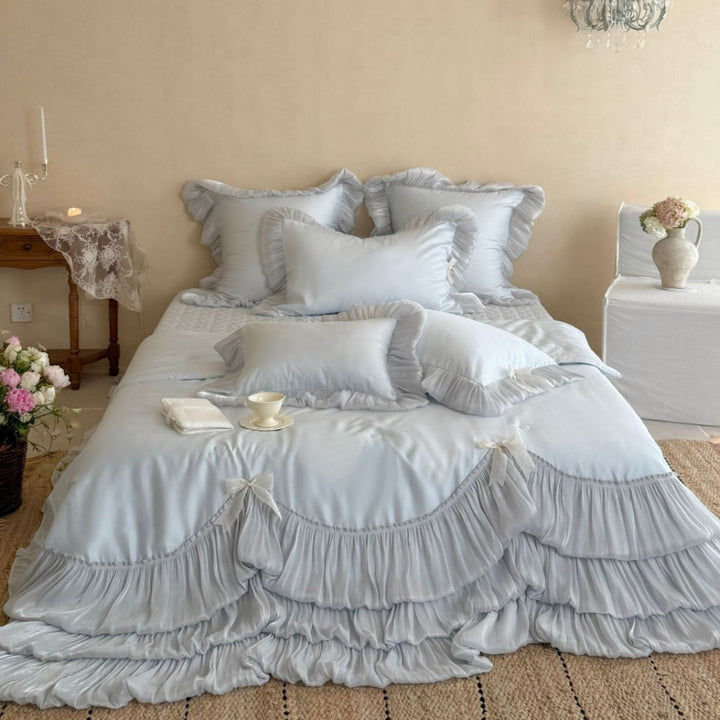 Ruffled Layered Satin Bedspread and Pillow Sham Set with Frilled Edges