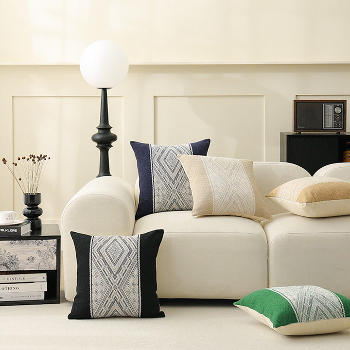 Square woven decorative cushion cover with central ethnic jacquard stripe and textured cotton blend