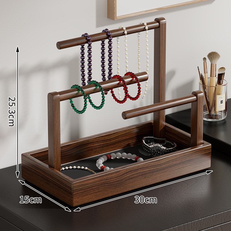 Wooden Jewelry Organizer with Dual Hanging Rails and Deep Storage Tray