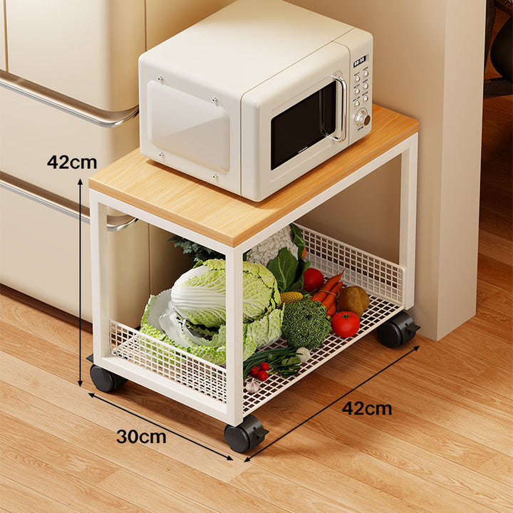 Narrow Bamboo-Top Rolling Kitchen Storage Trolley with Wire Basket Shelves