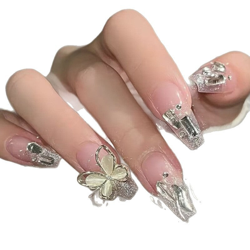 Glamorous Press-On Nail Set with Floral and Glitter Accents Stornfield