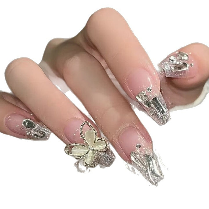 Glamorous Press-On Nail Set with Floral and Glitter Accents Stornfield