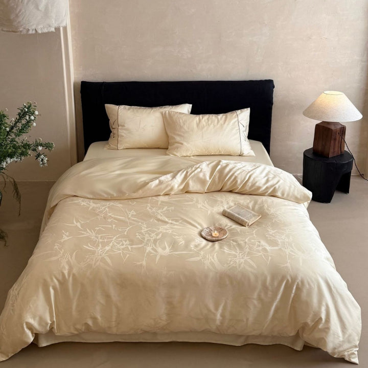 Premium Satin bedding set with subtle jacquard leaf pattern and silky finish