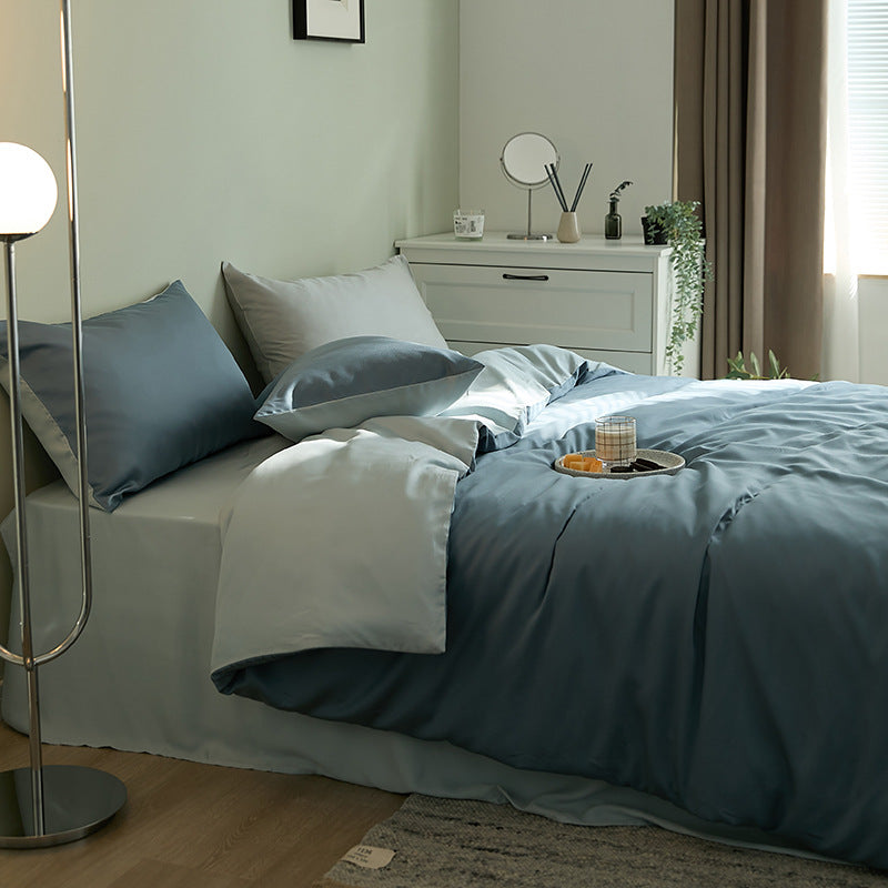 Fine-structured satin bedding set with temperature-regulating fiber and concealed zipper