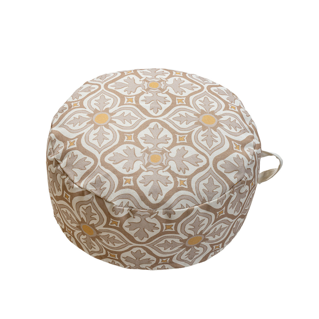 Round seat pouf with woven jacquard structure and practical carrying handle Stornfield