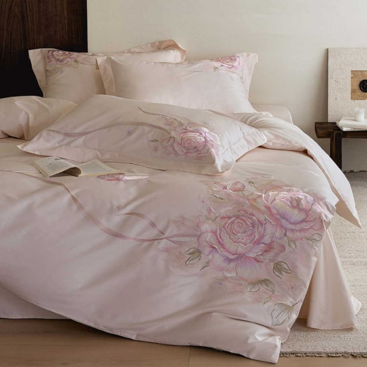 Luxury Silk-Feel Floral Embroidered Duvet Cover & Pillow Sham Set