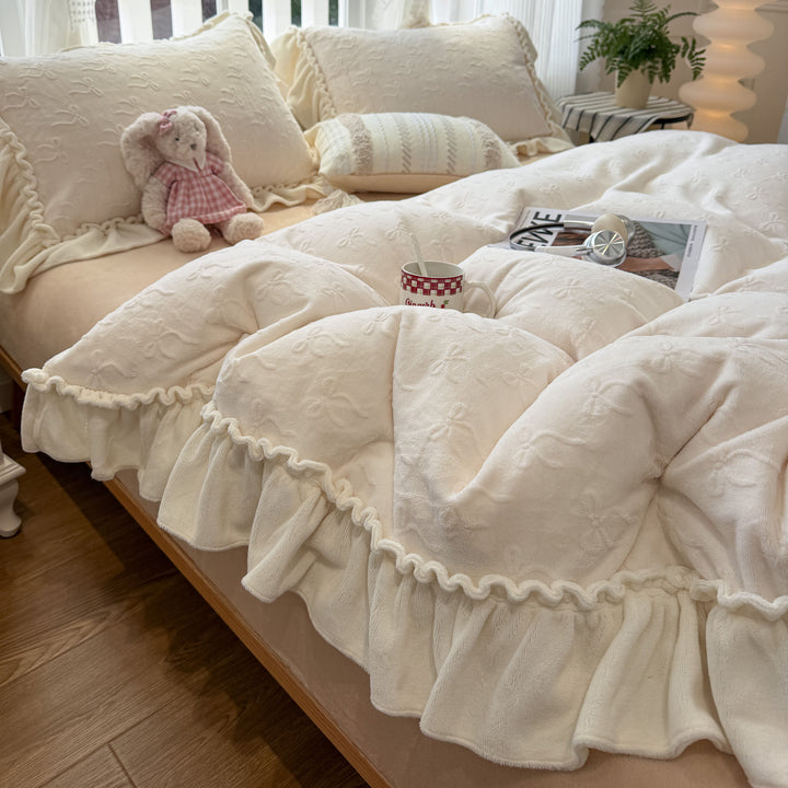 Embroidered Plush Quilted Duvet Comforter Set with Ruffled Skirt