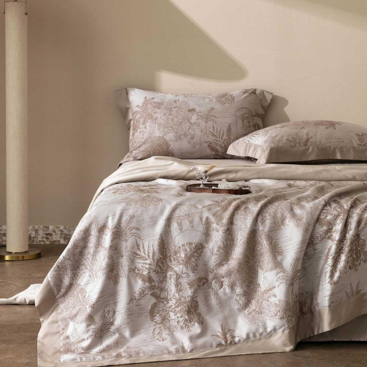 Premium cotton satin bedding set with fine toile pattern and hem decoration