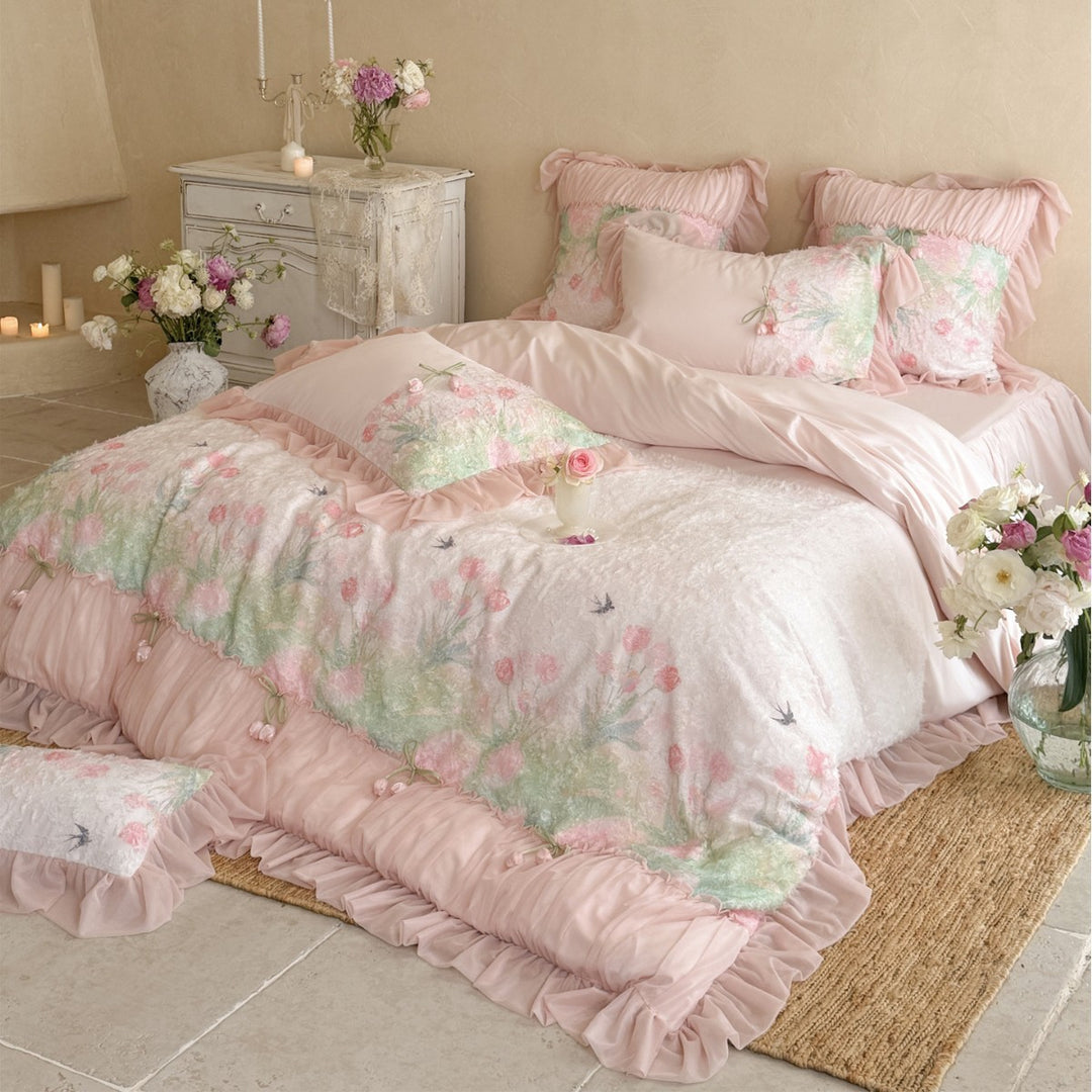 Plush Tufted Floral Duvet Cover Set with Ruffled Hem & Appliqué Accents